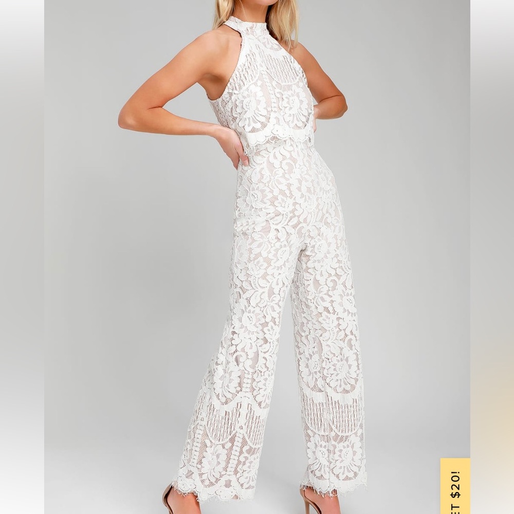 Lulus Britney White Lace Halter Jumpsuit